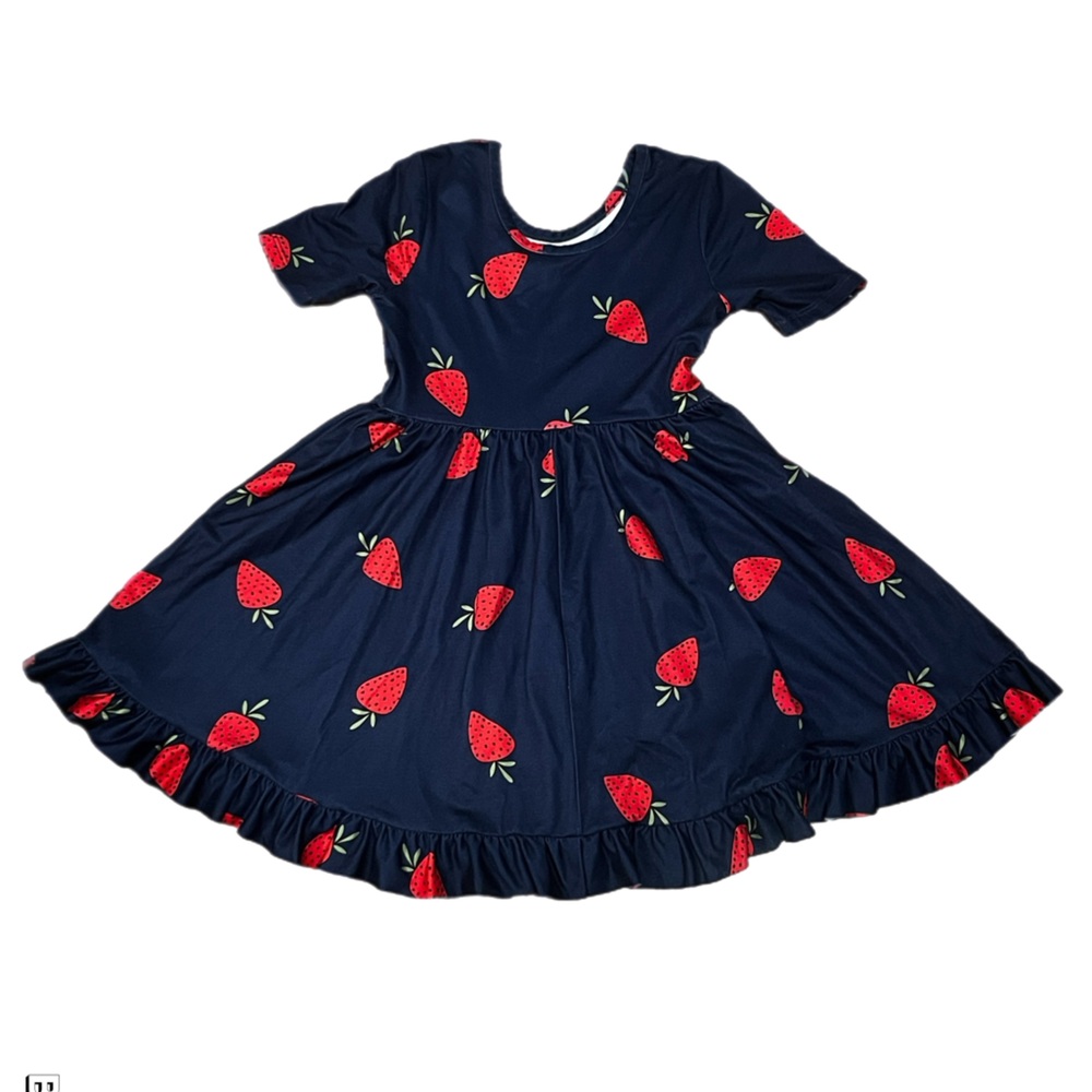 Girls Navy Dress with Red Strawberry Print Sz 5-6